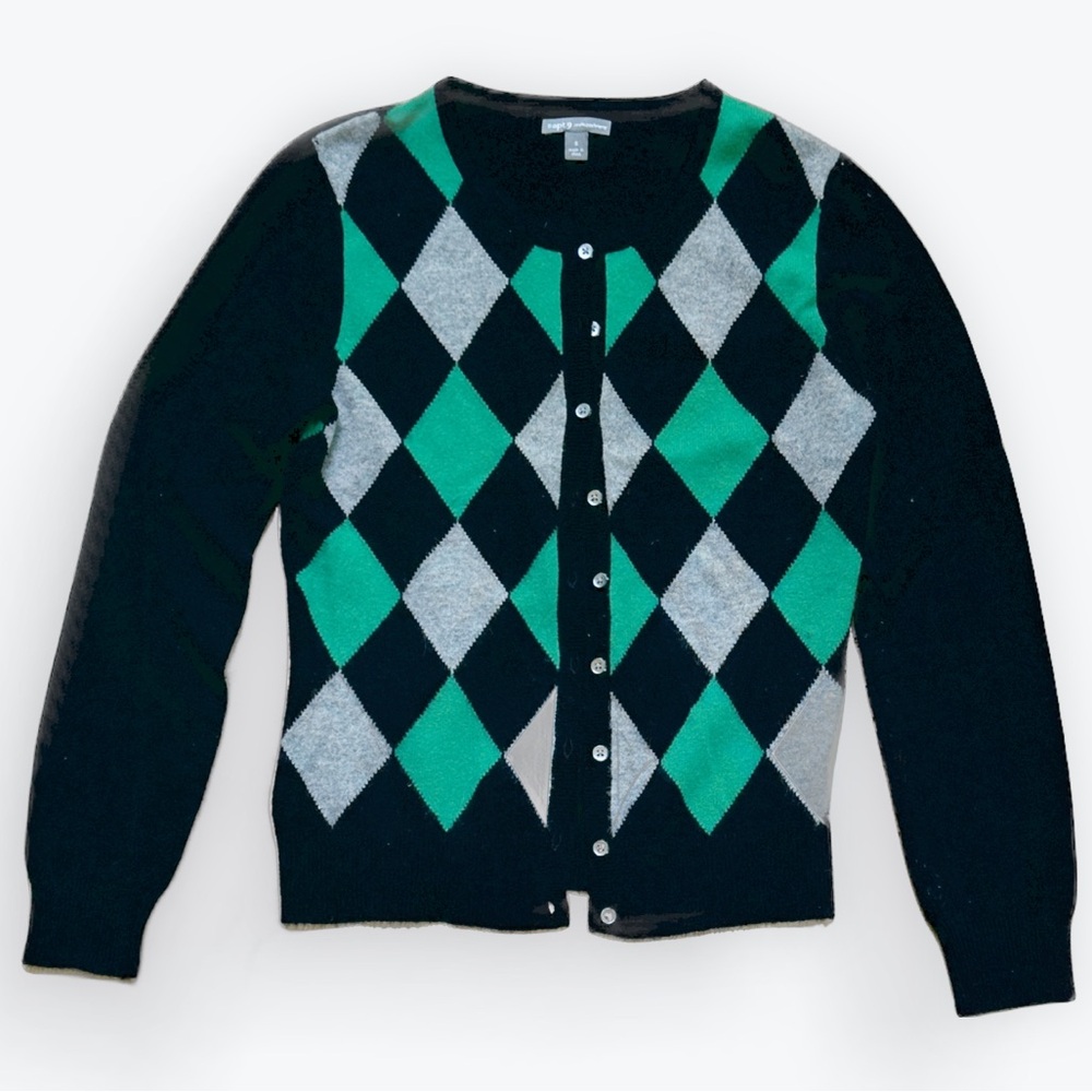 Old Money Cashmere Dark Academia Black & Kelly Green Preppy Argyle Cardigan ~ S